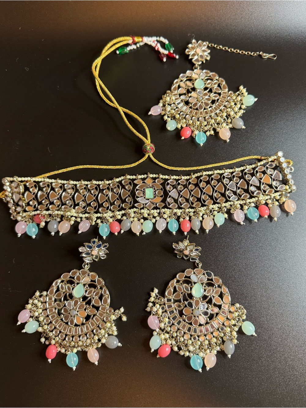 Gold-Tone Kundan Choker Necklace Set with Pastel Multi Beads - Gold